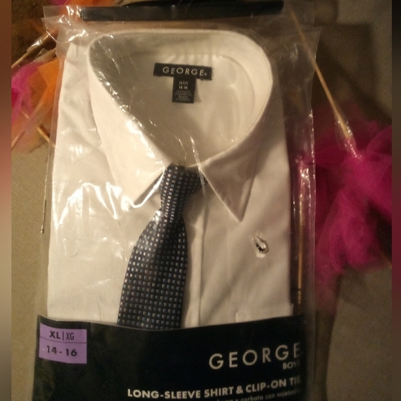 George Boys White Long-Sleeve Shirt with Clip-On Tie - Picture 1 of 9